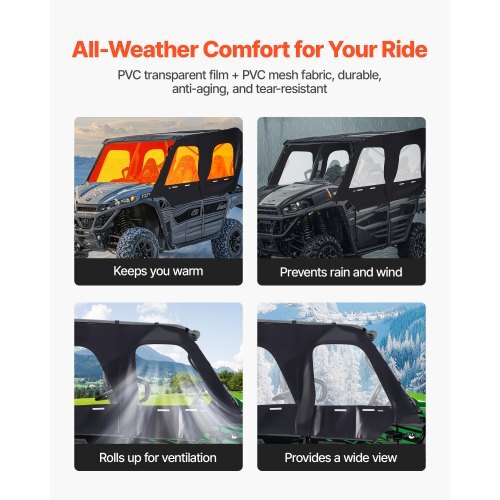 Cab Enclosure Upper Doors, Compatible with Kawasaki Teryx4 2012-2022, Soft Upper Doors, Windproof & Waterproof Upgraded Zipper UTV Soft Side Window Kit, Work with Roof and Partial Windshields