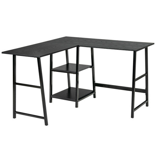 L Shaped Corner Computer Desk with Storage Shelves-Brown