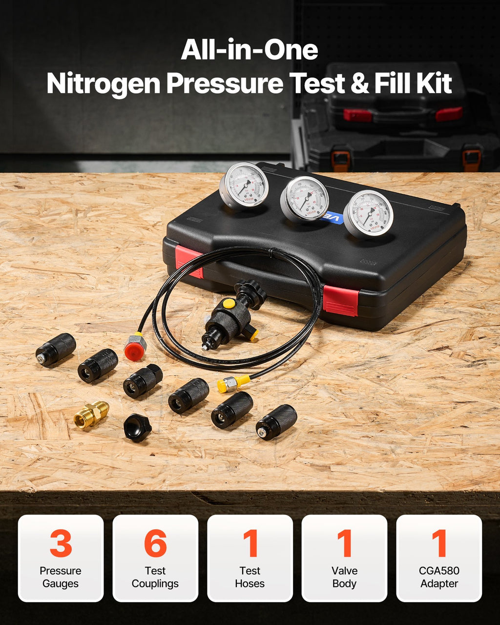 Hydraulic Nitrogen Accumulator Charging Kit, All-in-One Nitrogen Fill Kit, Pressure Test System with 3 Gauges (1500, 4000, 6000 PSI), 6 Adapters Couplings, 1 Gas Hose, 1 Valve, 1 CGA580 Adapter