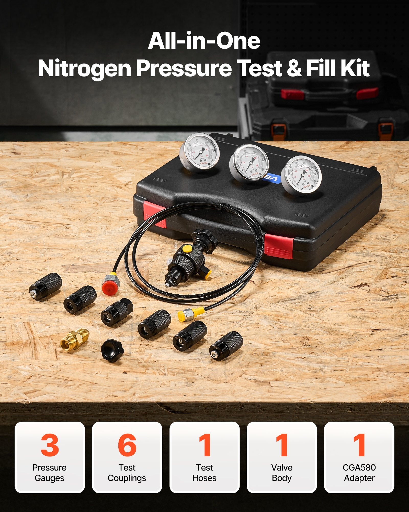 Hydraulic Nitrogen Accumulator Charging Kit, All-in-One Nitrogen Fill Kit, Pressure Test System with 3 Gauges (1500, 4000, 6000 PSI), 6 Adapters Couplings, 1 Gas Hose, 1 Valve, 1 CGA580 Adapter