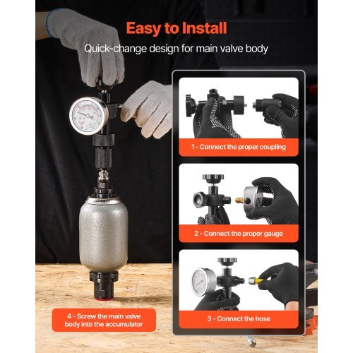 Hydraulic Nitrogen Accumulator Charging Kit, All-in-One Nitrogen Fill Kit, Pressure Test System with 3 Gauges (1500, 4000, 6000 PSI), 6 Adapters Couplings, 1 Gas Hose, 1 Valve, 1 CGA580 Adapter