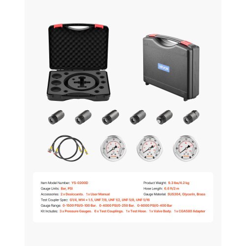 Hydraulic Nitrogen Accumulator Charging Kit, All-in-One Nitrogen Fill Kit, Pressure Test System with 3 Gauges (1500, 4000, 6000 PSI), 6 Adapters Couplings, 1 Gas Hose, 1 Valve, 1 CGA580 Adapter